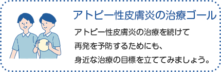 アトピー性皮膚炎の治療ゴール：アトピー性皮膚炎の治療が目指すゴールは、症状がなくなる、または症状があっても日常生活に支障がなく、薬もあまり必要のない状態を維持することです。